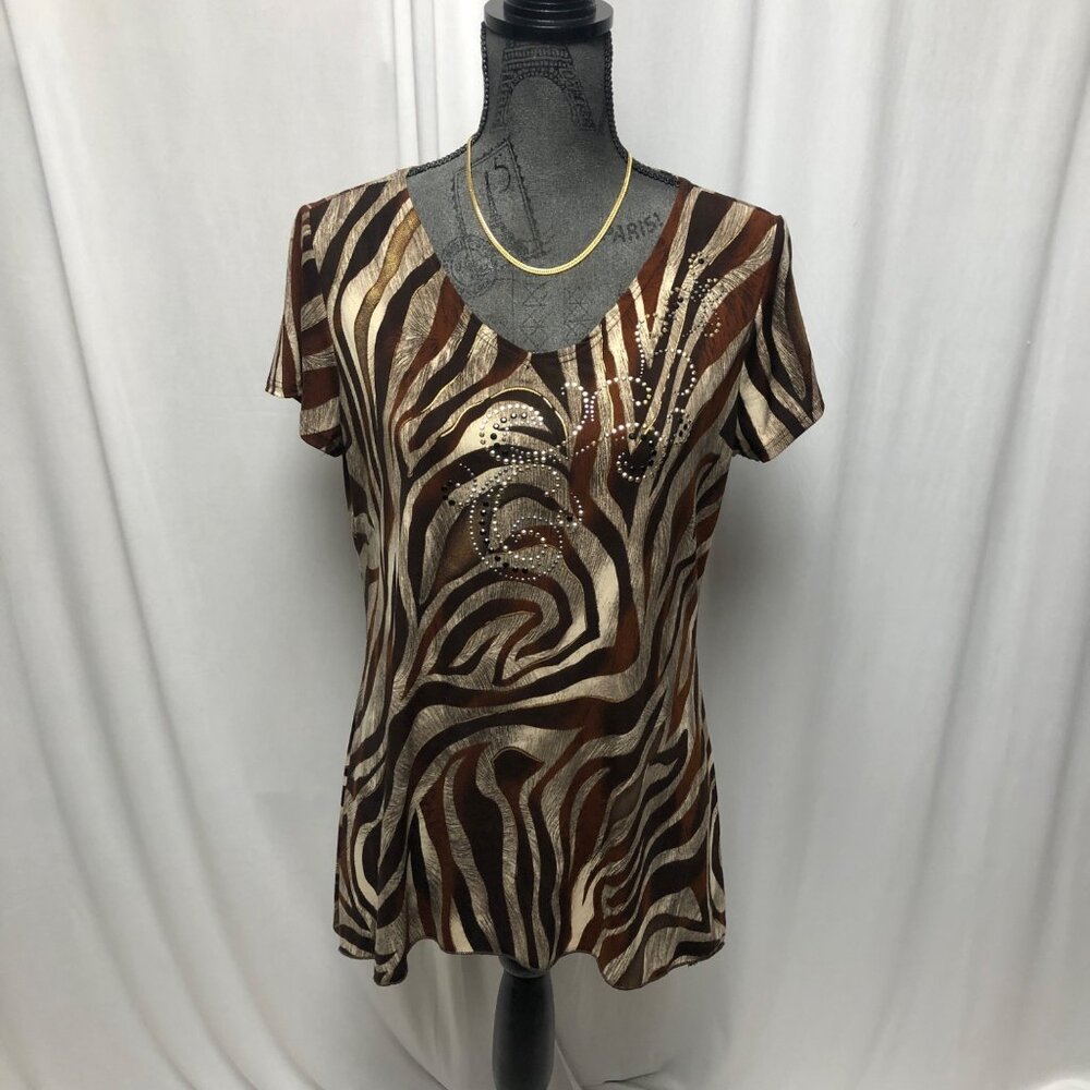 DressbarnTop Women Size Small Zebra Print V Neck Rhinestones Short Sleeve